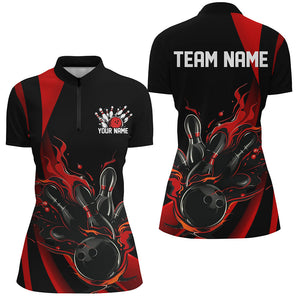 Black And Red Custom Flame Bowling Shirts For Women, Bowling Team Outfits IPHW7206
