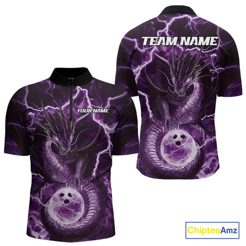 Custom Purple Thunder Lightning Dragon Bowling Quarter-Zip Shirts For Men, Team Uniform IPHW9758