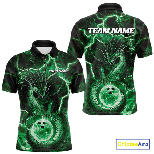 Custom Green Thunder Lightning Dragon Bowling Polo Shirts For Men, Team Uniform IPHW9759