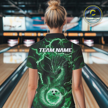 Custom Green Thunder Lightning Dragon Bowling Quarter-Zip Shirts For Women, Team Uniform IPHW9759