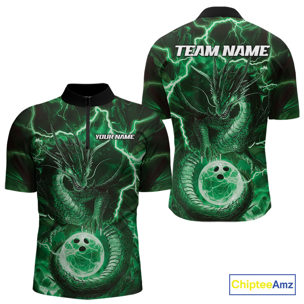 Custom Green Thunder Lightning Dragon Bowling Quarter-Zip Shirts For Men, Team Uniform IPHW9759