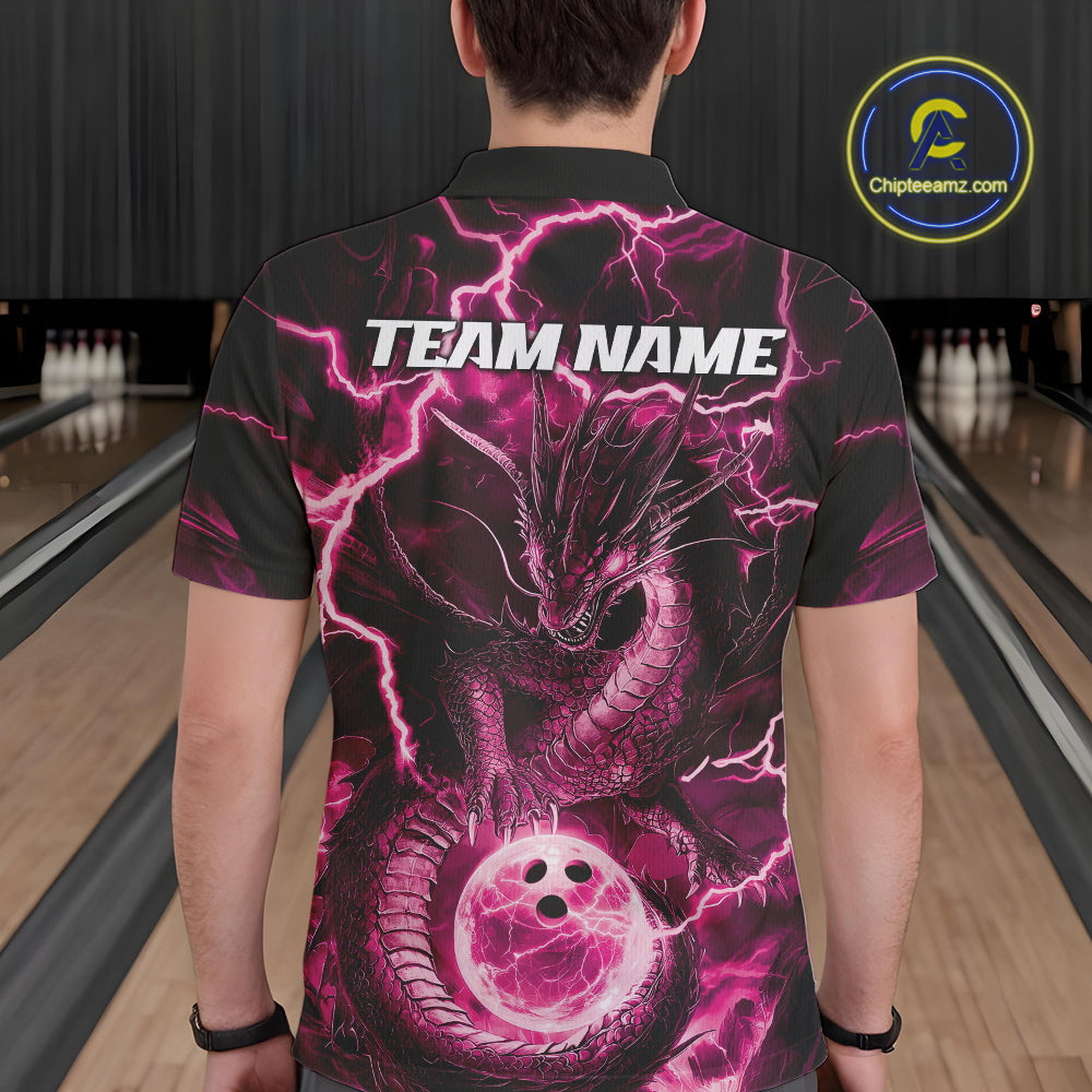 Custom Pink Thunder Lightning Dragon Bowling Polo Shirts For Men, Team Uniform IPHW9760