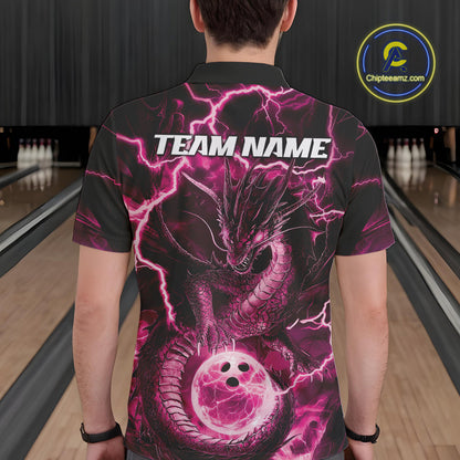 Custom Pink Thunder Lightning Dragon Bowling Polo Shirts For Men, Team Uniform IPHW9760