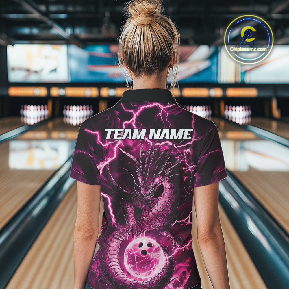 Custom Pink Thunder Lightning Dragon Bowling Quarter-Zip Shirts For Women, Team Uniform IPHW9760