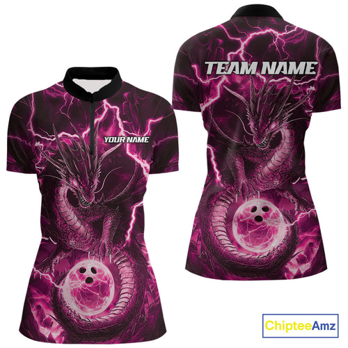 Custom Pink Thunder Lightning Dragon Bowling Quarter-Zip Shirts For Women, Team Uniform IPHW9760