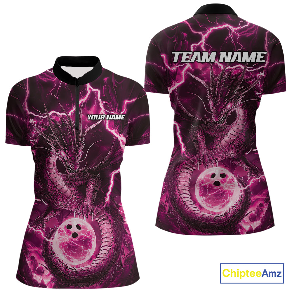 Custom Pink Thunder Lightning Dragon Bowling Quarter-Zip Shirts For Women, Team Uniform IPHW9760