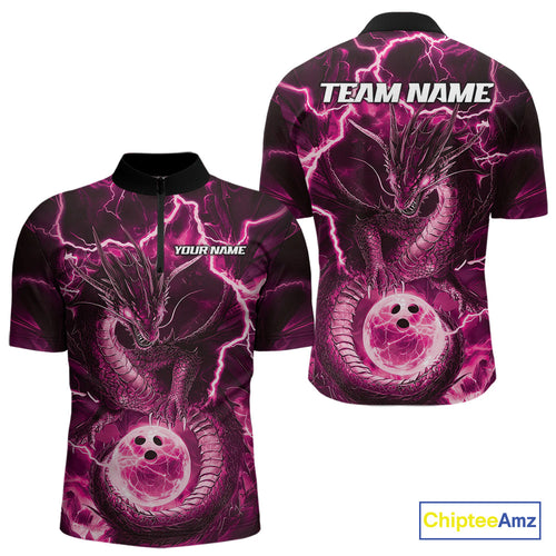 Custom Pink Thunder Lightning Dragon Bowling Quarter-Zip Shirts For Men, Team Uniform IPHW9760