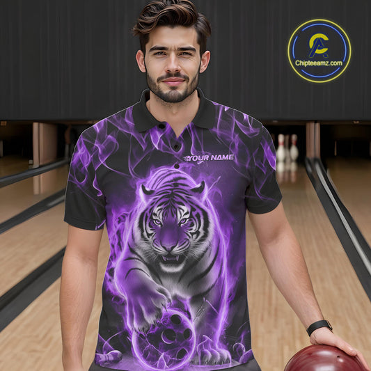 Custom Purple Flame Tiger Bowling Polo Shirts For Men, Tiger Bowling Team Shirt IPHW9761