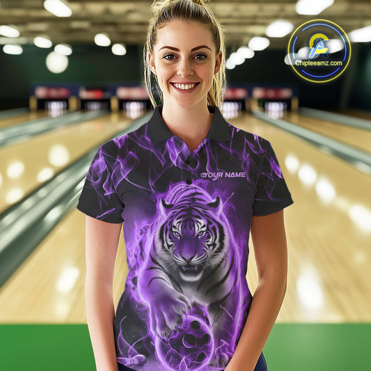 Custom Purple Flame Tiger Bowling Polo Shirts For Women, Tiger Bowling Team Shirt IPHW9761