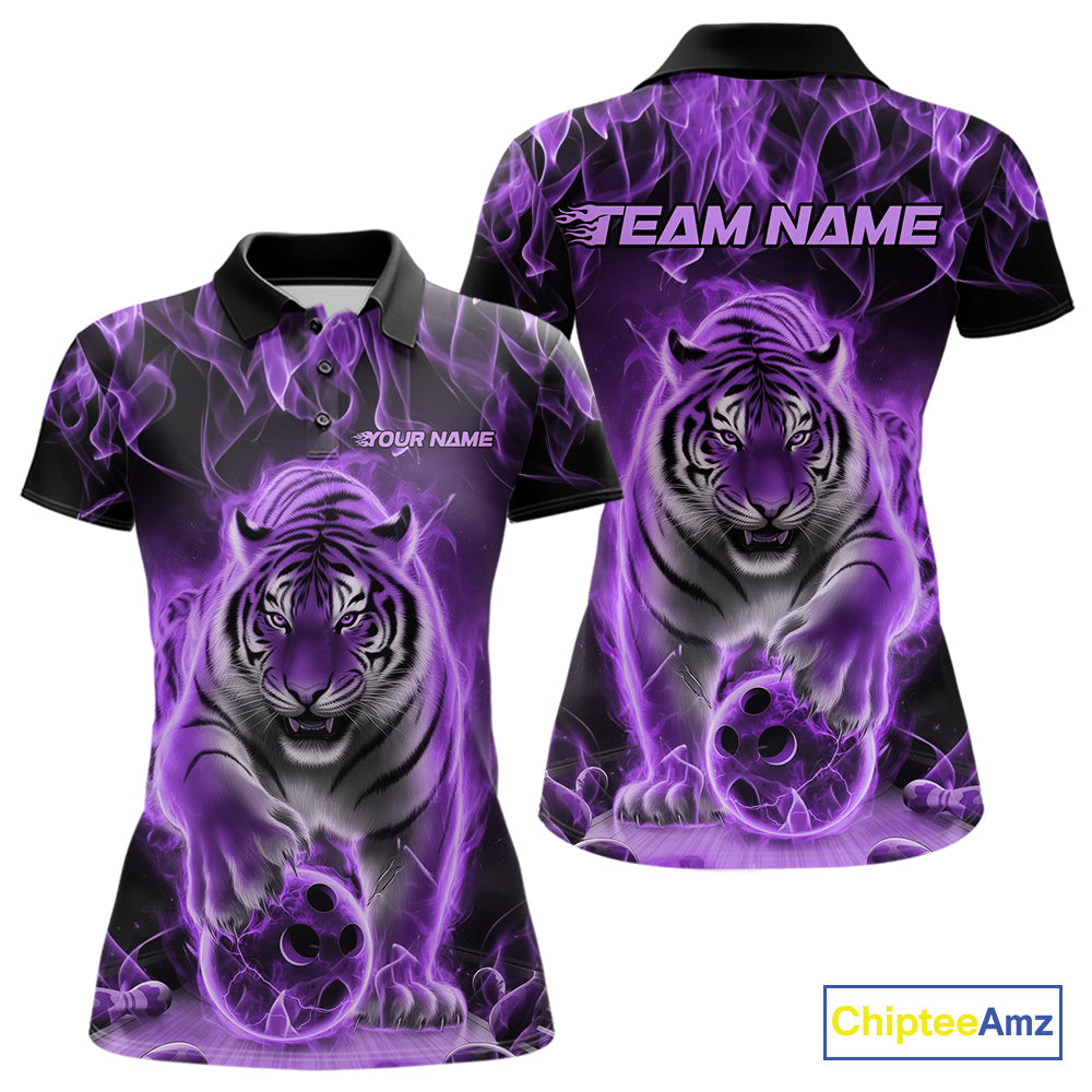 Custom Purple Flame Tiger Bowling Polo Shirts For Women, Tiger Bowling Team Shirt IPHW9761