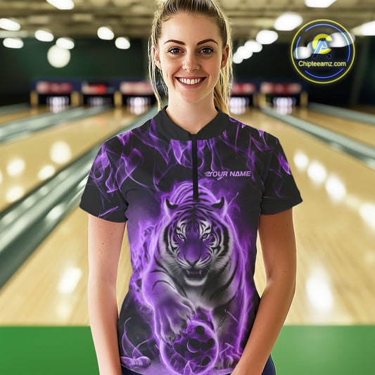 Custom Purple Flame Tiger Bowling Quarter-Zip Shirts For Women, Tiger Bowling Team Shirt IPHW9761