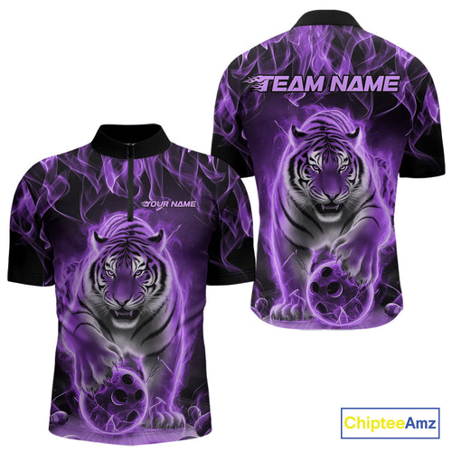 Custom Purple Flame Tiger Bowling Quarter-Zip Shirts For Men, Tiger Bowling Team Shirt IPHW9761