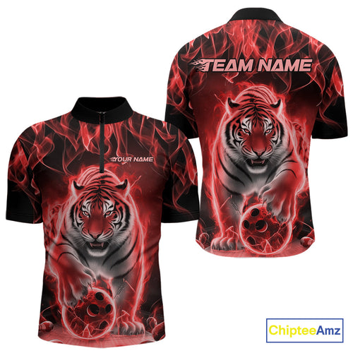 Custom Red Flame Tiger Bowling Quarter-Zip Shirts For Men, Tiger Bowling Team Shirt IPHW9762