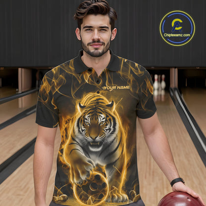 Custom Yellow Flame Tiger Bowling Polo Shirts For Men, Tiger Bowling Team Shirt IPHW9763