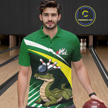 Load image into Gallery viewer, Custom Funny Green Alligator Bowling Polo Shirt For Men, Bowling League Shirt For Team IPHW9926