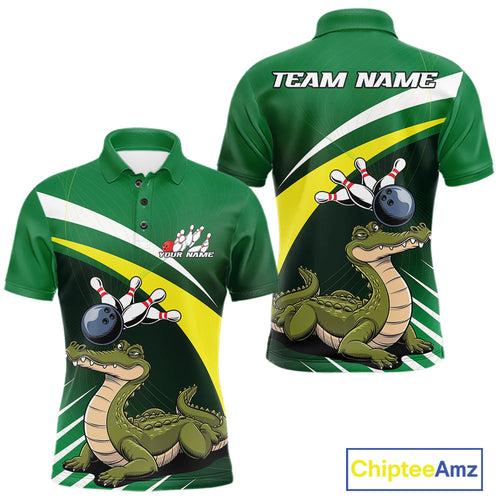 Custom Funny Green Alligator Bowling Polo Shirt For Men, Bowling League Shirt For Team IPHW9926