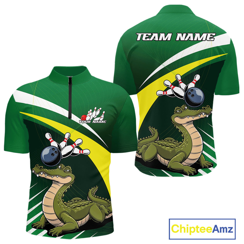 Custom Funny Green Alligator Bowling Quarter-Zip Shirt For Men, Bowling League Shirt For Team IPHW9926
