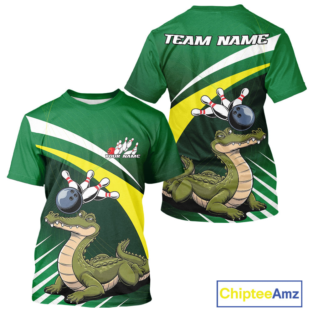 Custom Funny Green Alligator Bowling T-Shirts For Men, Bowling League For Team IPHW9926