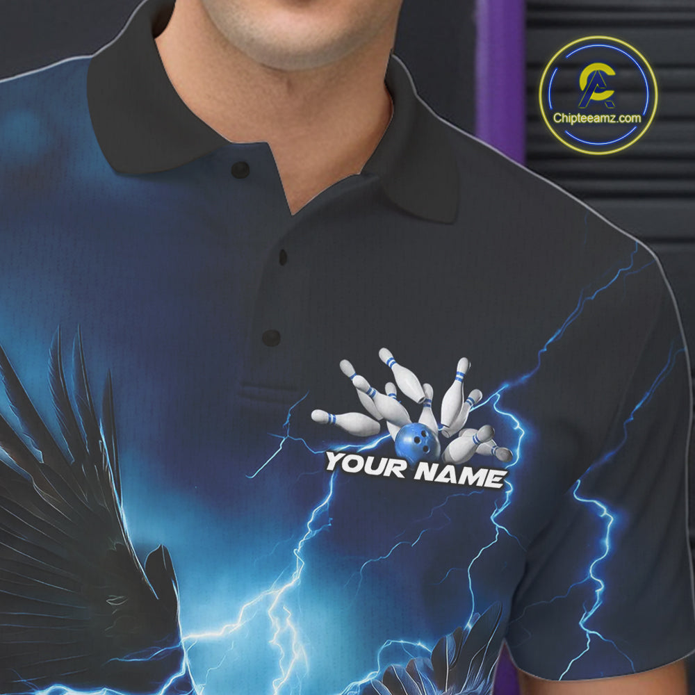 Custom Blue Thunder Lightning Eagle Bowling Men Polo Shirts, Eagle Bowling Team Jerseys IPHW10146