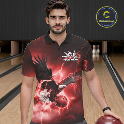 Custom Red Thunder Lightning Eagle Bowling Men Polo Shirts, Eagle Bowling Team Jerseys IPHW10147