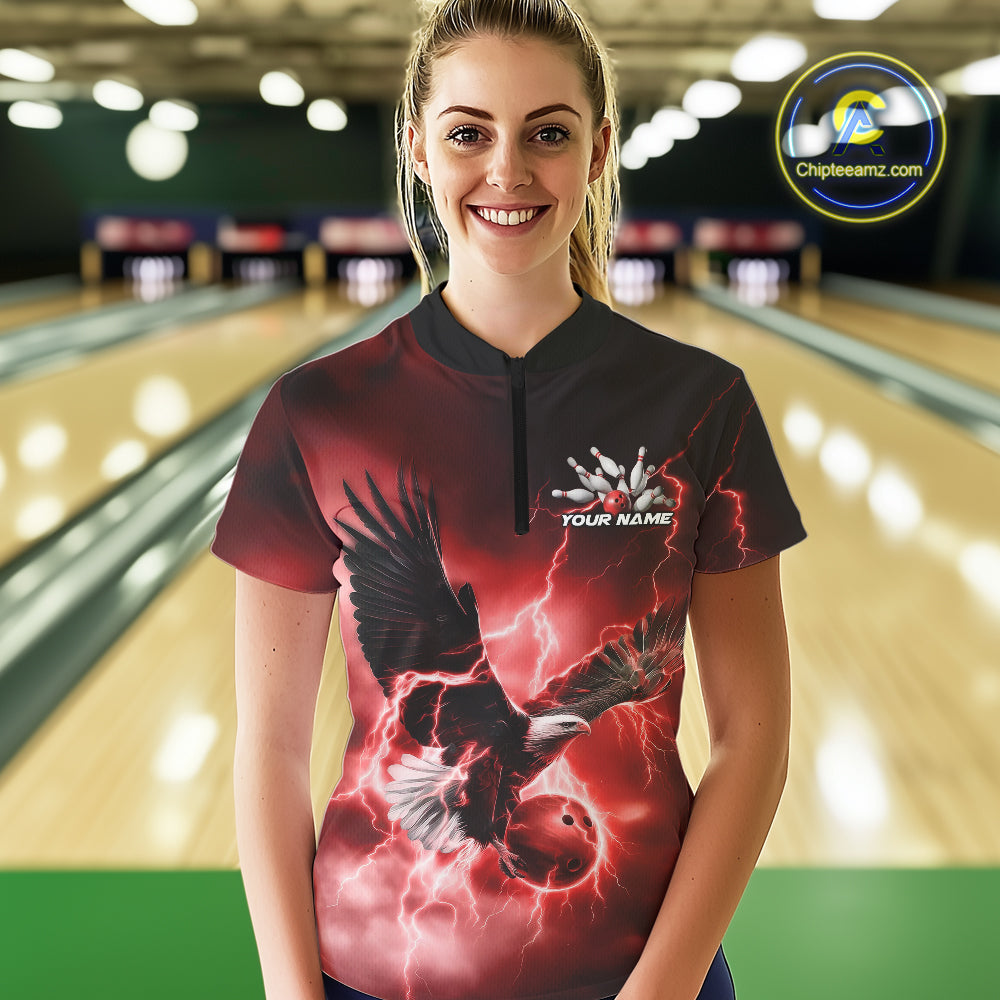 Custom Red Thunder Lightning Eagle Women Bowling Shirts, Eagle Bowling Team Jerseys IPHW10147