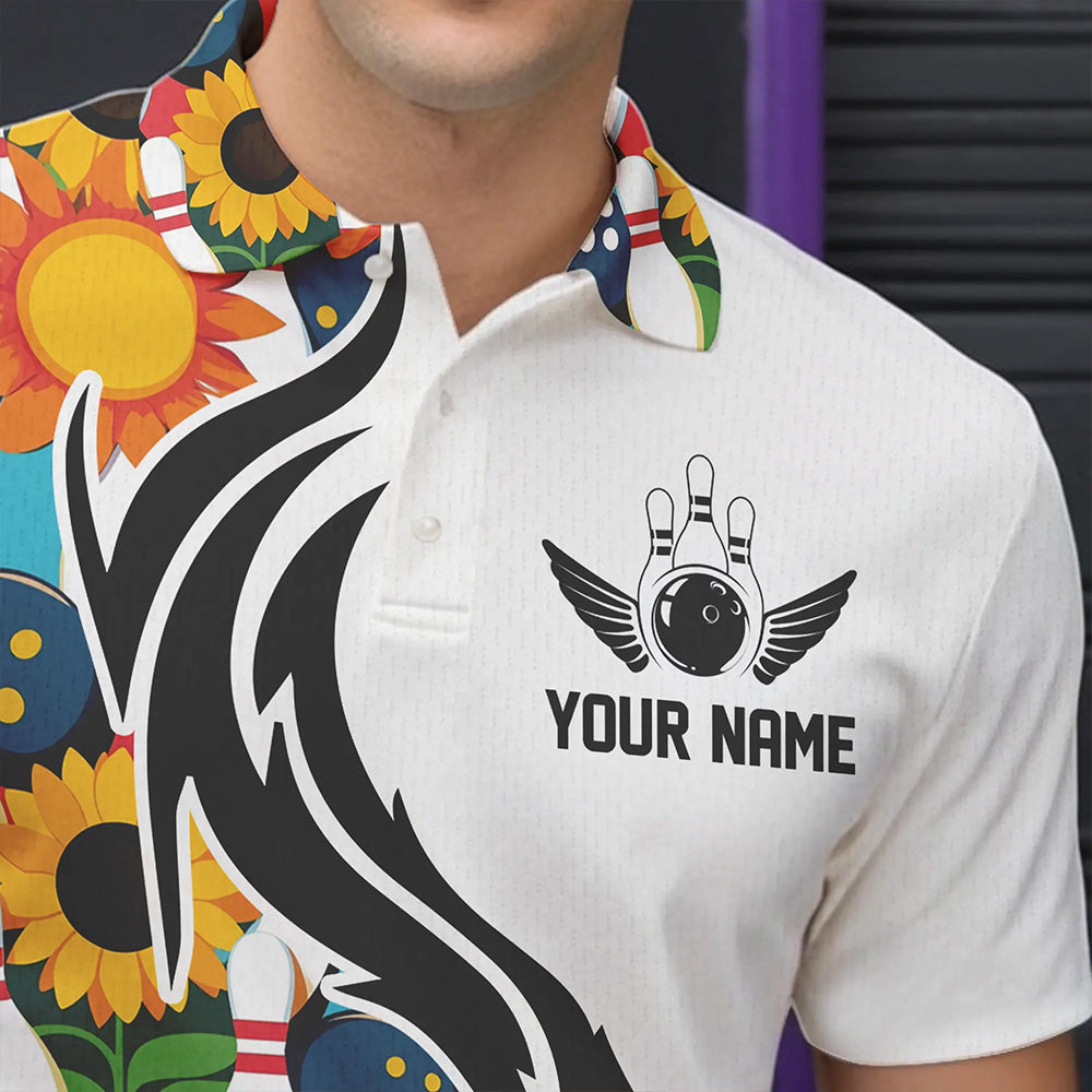 Custom Sunflower Bowling Pattern Polo Shirts For Men, Sunflower Bowling Team Shirts IPHW8439