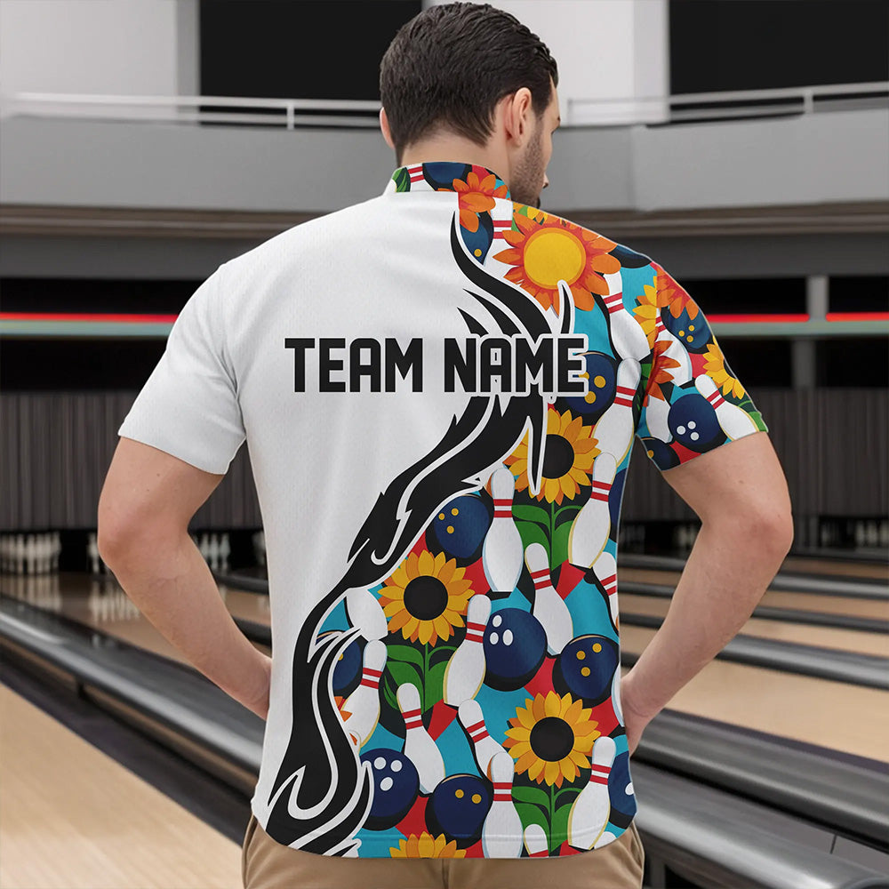 Custom Sunflower Bowling Pattern Quarter-Zip Shirts For Men, Sunflower Bowling Team Shirts IPHW8439
