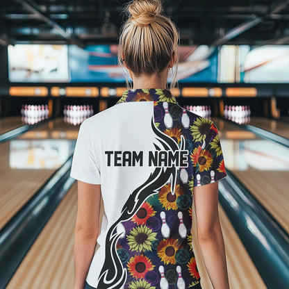 Custom Sunflower Bowling Pattern Polo Shirts For Women, Sunflower Bowling Team Shirts IPHW8442