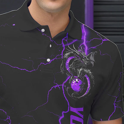 Black And Purple Custom Dragon Bowling Polo Shirts For Men, Dragon Bowling League Shirts IPHW8687