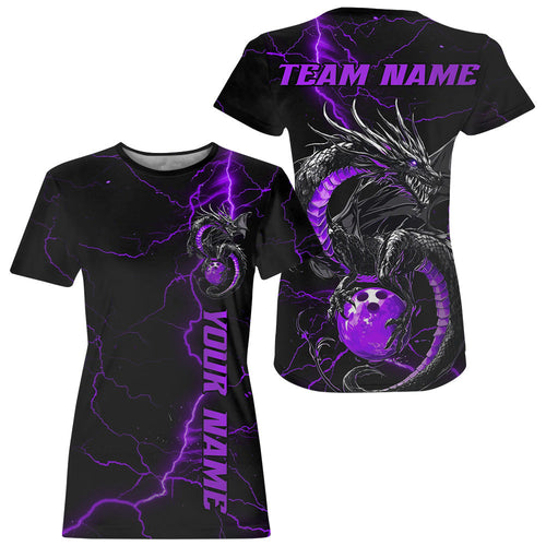 Black And Purple Custom Dragon Bowling T-Shirts For Women, Dragon Bowling League IPHW8687