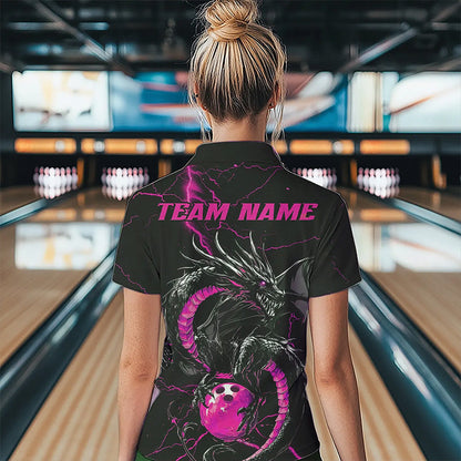 Black And Pink Custom Dragon Bowling Polo Shirts For Women, Dragon Bowling League Shirts IPHW8688
