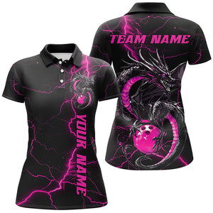 Black And Pink Custom Dragon Bowling Polo Shirts For Women, Dragon Bowling League Shirts IPHW8688