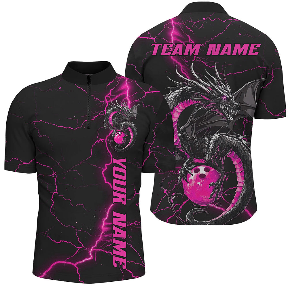 Black And Pink Custom Dragon Bowling Quarter-Zip Shirts For Men, Dragon Bowling League Shirts IPHW8688