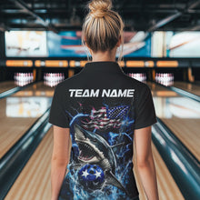 Load image into Gallery viewer, Custom Blue Lightning Patriotic Shark Bowling Team Women Quarter-Zip Shirt, US Flag Bowling IPHW8942