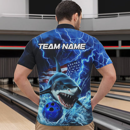 Custom Blue Lightning Patriotic Shark Bowling Team Men Quarter-Zip Shirts, US Flag Bowling Shirt IPHW8943