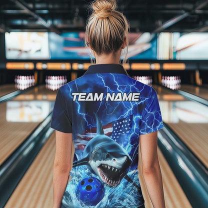 Custom Blue Lightning Patriotic Shark Bowling Women Quarter-Zip Shirt US Flag Bowling Shirt IPHW8943