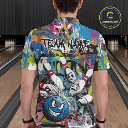 Custom Funny Graffity Bowling Polo Shirts For Men, Bowling Team Shirt IPHW9381