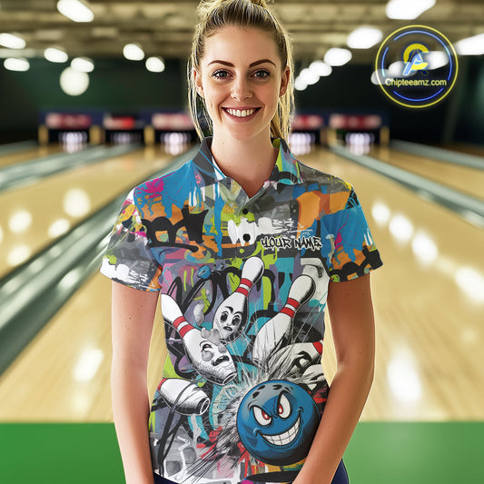 Custom Funny Graffity Bowling Polo Shirts For Women, Bowling Team Shirt IPHW9381