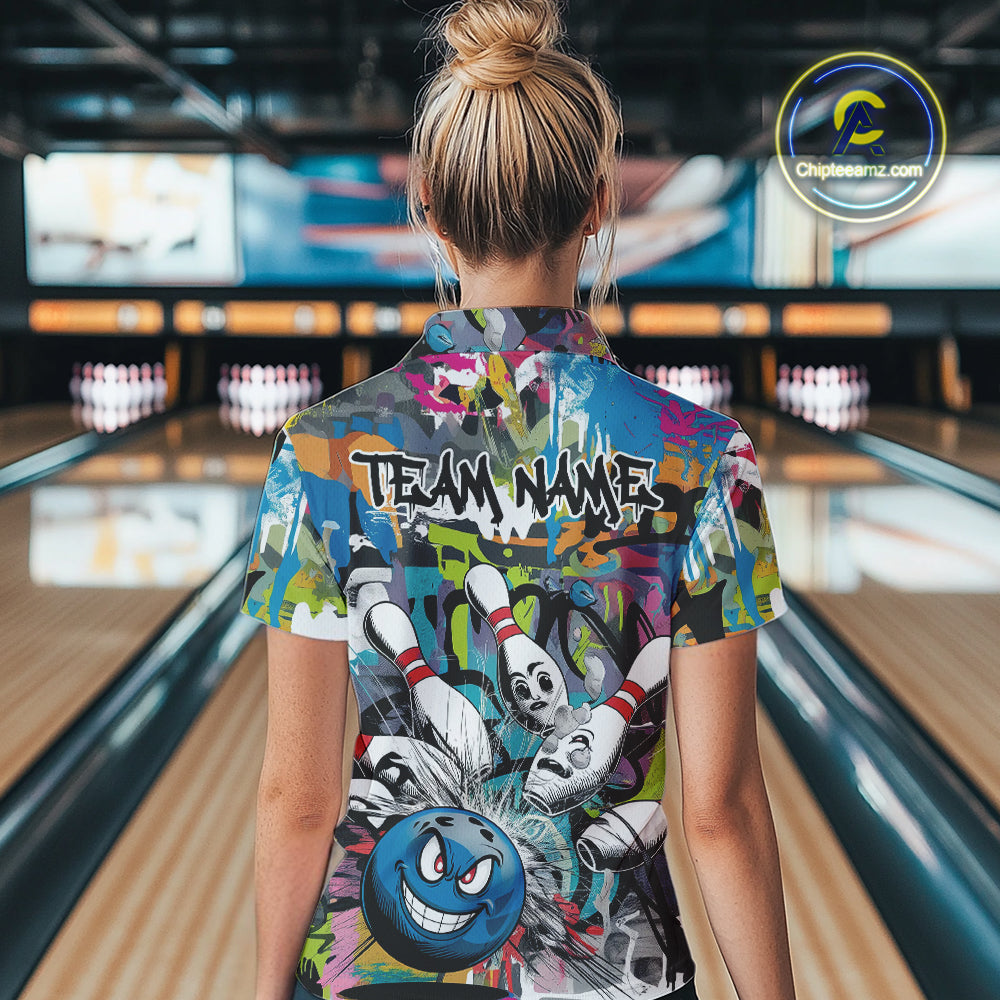 Custom Funny Graffity Bowling Quarter-Zip Shirts For Women, Bowling Team Shirt IPHW9381