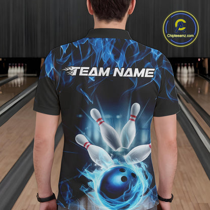 Custom Black And Blue Flame Bowling Team Polo Shirts For Men, Fire Bowling League Shirt IPHW9386