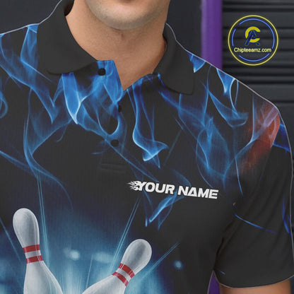 Custom Black And Blue Flame Bowling Team Polo Shirts For Men, Fire Bowling League Shirt IPHW9386