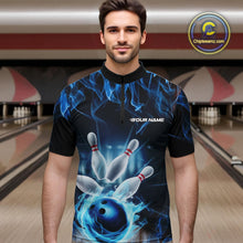 Load image into Gallery viewer, Custom Black And Blue Flame Bowling Team Quarter-Zip Shirts For Men, Fire Bowling League Shirt IPHW9386