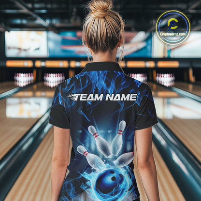 Custom Black And Blue Flame Bowling Women Quarter-Zip Shirts, Fire Bowling League Shirt IPHW9386