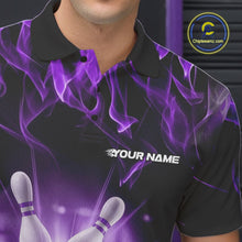 Load image into Gallery viewer, Custom Black And Purple Flame Bowling Team Polo Shirts For Men, Fire Bowling League Shirt IPHW9387