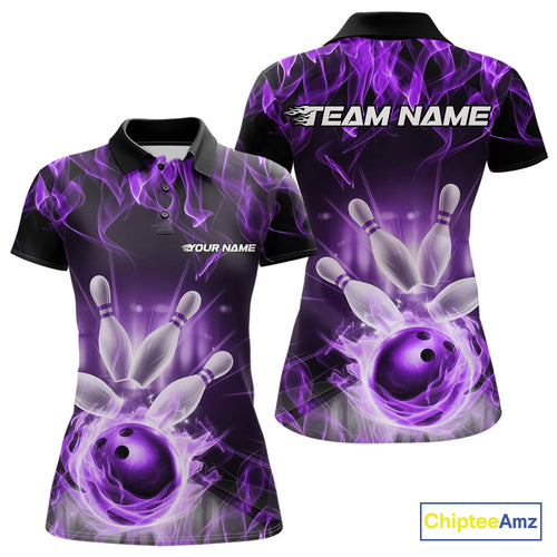 Custom Black And Purple Flame Bowling Team Women Polo Shirts, Fire Bowling League Shirt IPHW9387