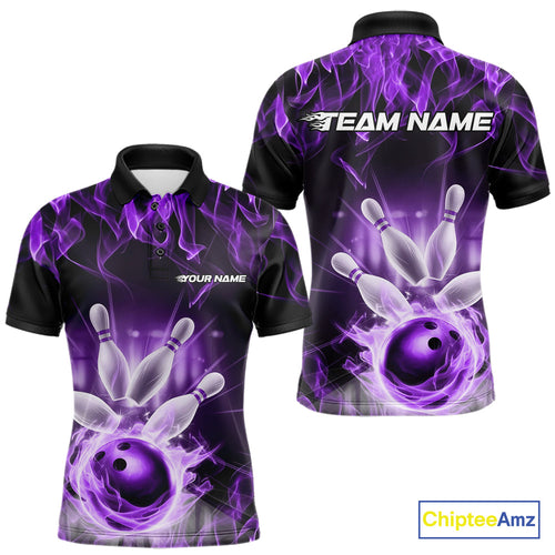 Custom Black And Purple Flame Bowling Team Polo Shirts For Men, Fire Bowling League Shirt IPHW9387