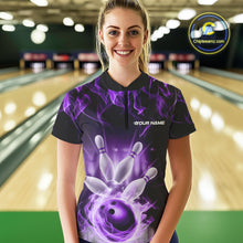 Load image into Gallery viewer, Custom Black And Purple Flame Bowling Women Quarter-Zip Shirts, Fire Bowling League Shirt IPHW9387