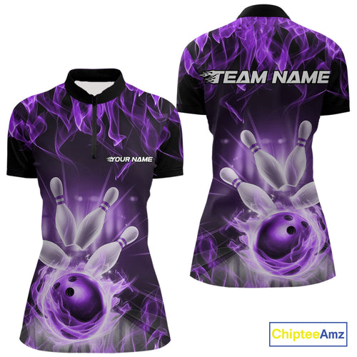 Custom Black And Purple Flame Bowling Women Quarter-Zip Shirts, Fire Bowling League Shirt IPHW9387
