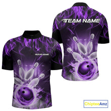 Load image into Gallery viewer, Custom Black And Purple Flame Bowling Team Quarter-Zip Shirts For Men, Fire Bowling League Shirt IPHW9387