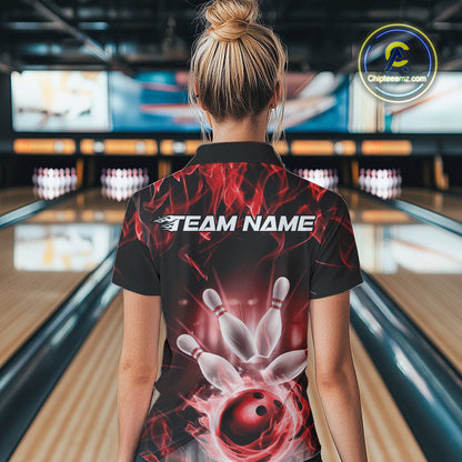 Custom Black And Red Flame Bowling Team Polo Shirts For Women, Fire Bowling League Shirt IPHW9388